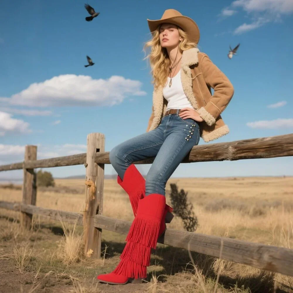Women's Red Retro Pointed Toe Pull On Block Chunky Heel Fringe Country